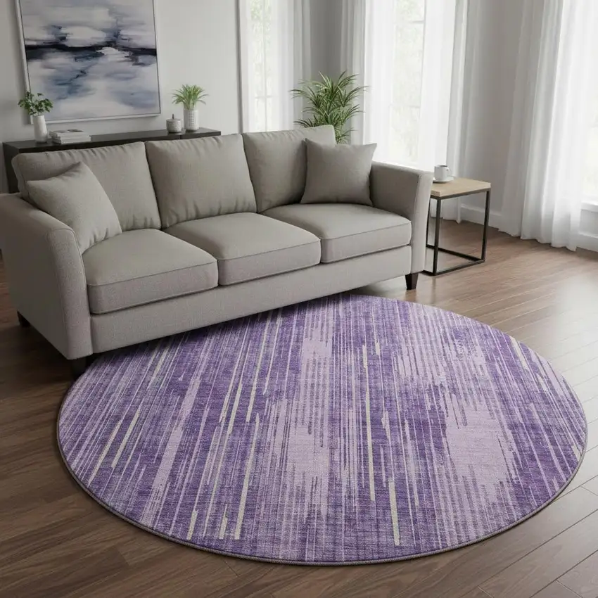 8' Purple And Lavender Striped Washable Round Rug With UV Protection Photo 2