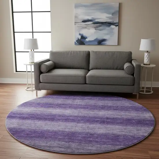 8' Purple And Lavender Striped Washable Round Rug With UV Protection Photo 2
