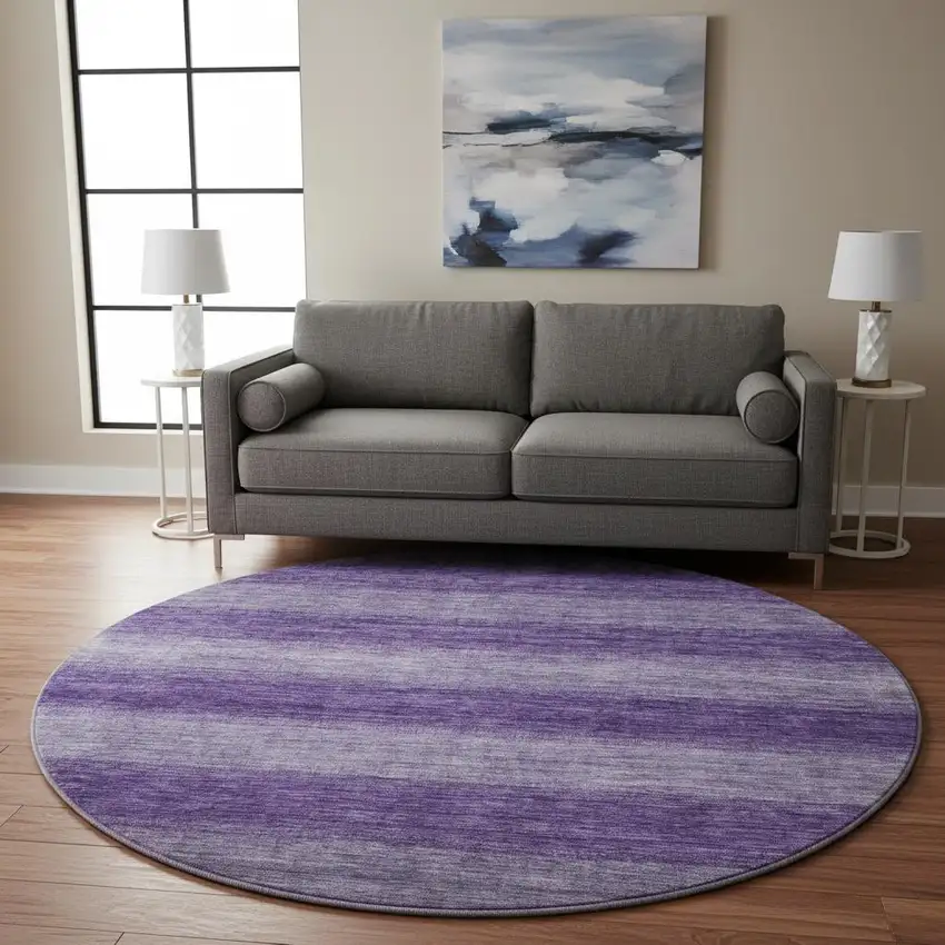 8' Purple And Lavender Striped Washable Round Rug With UV Protection Photo 2