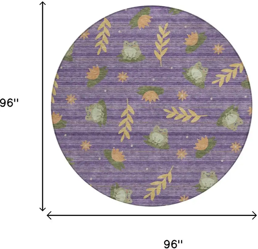 8' Purple And Lilac Round Botanical Leaves Washable Indoor Outdoor Area Rug Photo 5