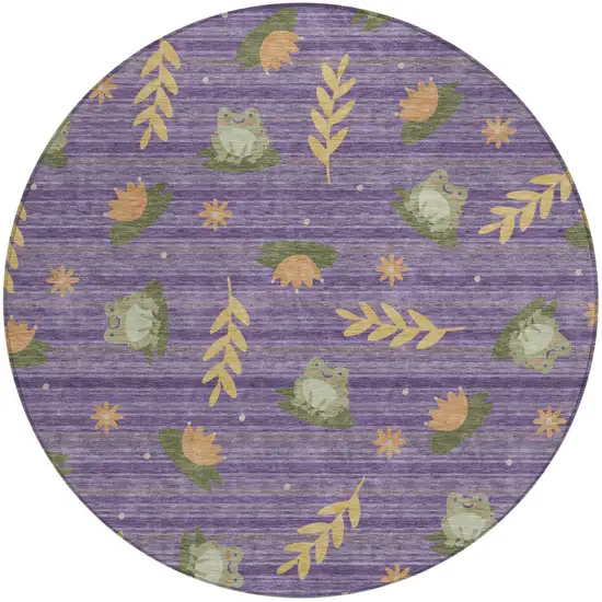 8' Purple And Lilac Round Botanical Leaves Washable Indoor Outdoor Area Rug Photo 2
