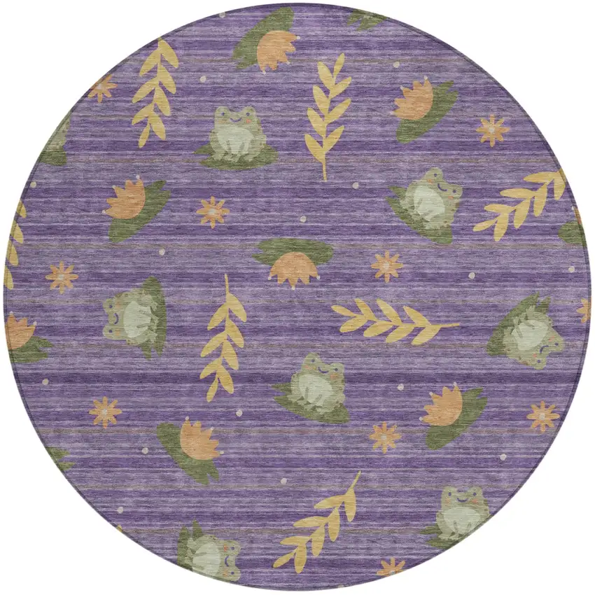 8' Purple And Lilac Round Botanical Leaves Washable Indoor Outdoor Area Rug Photo 2
