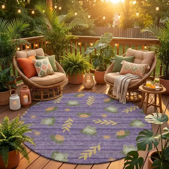 8' Purple And Lilac Round Botanical Leaves Washable Indoor Outdoor Area Rug Photo 1