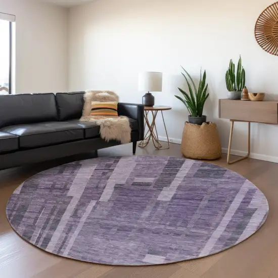 8' Purple And Lilac Striped Washable Round Rug With UV Protection Photo 4