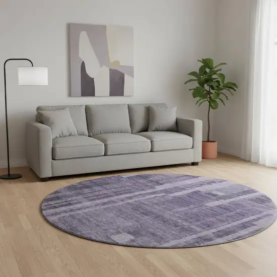 8' Purple And Lilac Striped Washable Round Rug With UV Protection Photo 2
