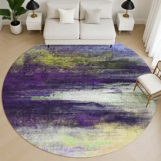 8' Purple And Lime Green Abstract Washable Round Rug With UV Protection Photo 5