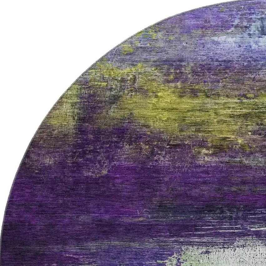8' Purple And Lime Green Abstract Washable Round Rug With UV Protection Photo 4