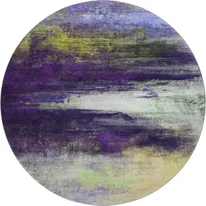 Photo of 8' Purple And Lime Green Abstract Washable Round Rug With UV Protection