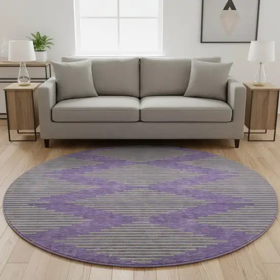 8' Purple And Lime Green Geometric Washable Round Rug With UV Protection Photo 2