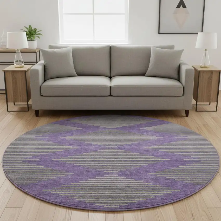 8' Purple And Lime Green Geometric Washable Round Rug With UV Protection Photo 2