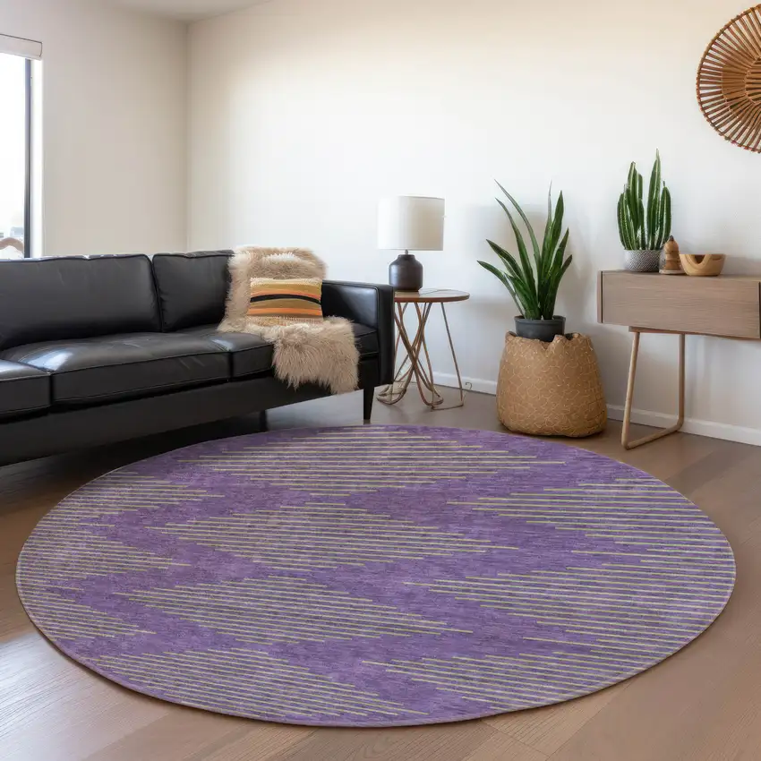 8' Purple And Lime Green Geometric Washable Round Rug With UV Protection Photo 3