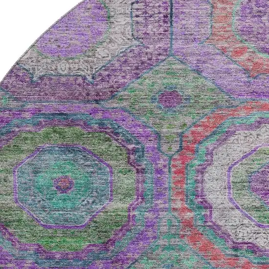 8' Purple And Lime Green Geometric Washable Round Rug With UV Protection Photo 3