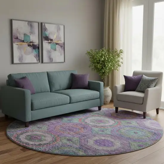 8' Purple And Lime Green Geometric Washable Round Rug With UV Protection Photo 1