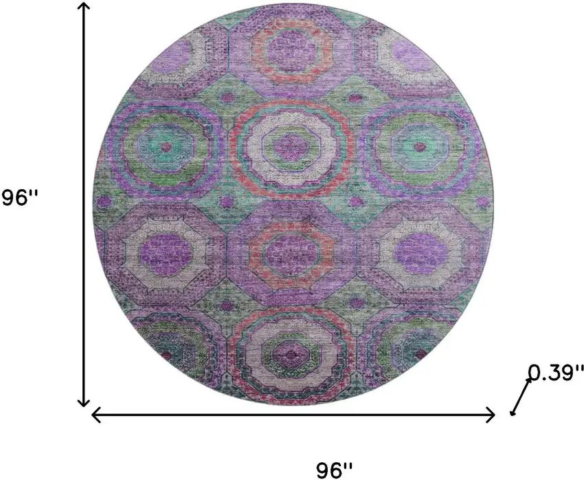 8' Purple And Lime Green Geometric Washable Round Rug With UV Protection Photo 8