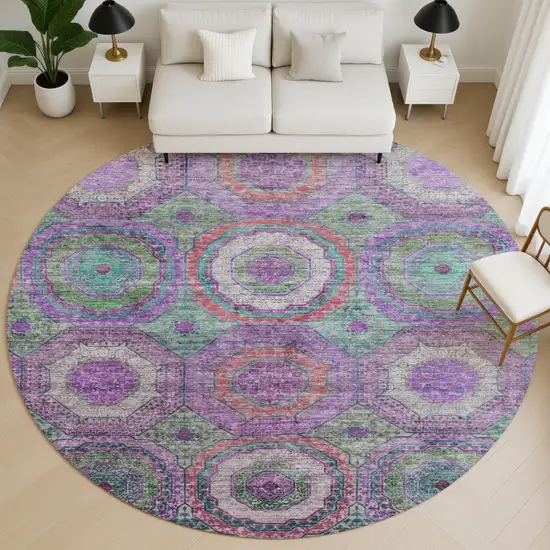 8' Purple And Lime Green Geometric Washable Round Rug With UV Protection Photo 5