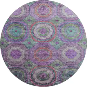 Photo of 8' Purple And Lime Green Geometric Washable Round Rug With UV Protection