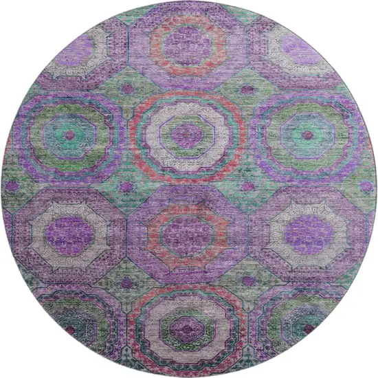 8' Purple And Lime Green Geometric Washable Round Rug With UV Protection Photo 1