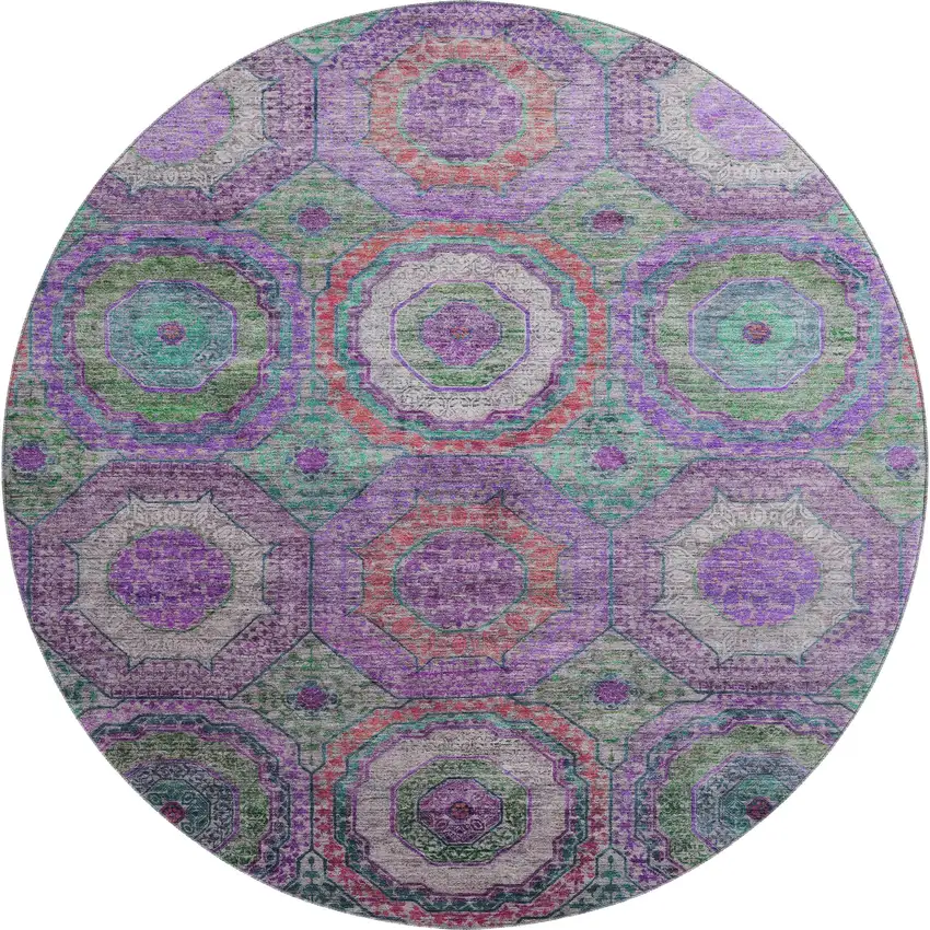 8' Purple And Lime Green Geometric Washable Round Rug With UV Protection Photo 1