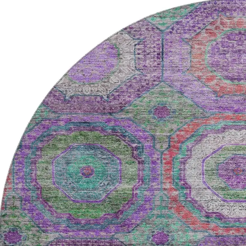 8' Purple And Lime Green Geometric Washable Round Rug With UV Protection Photo 4