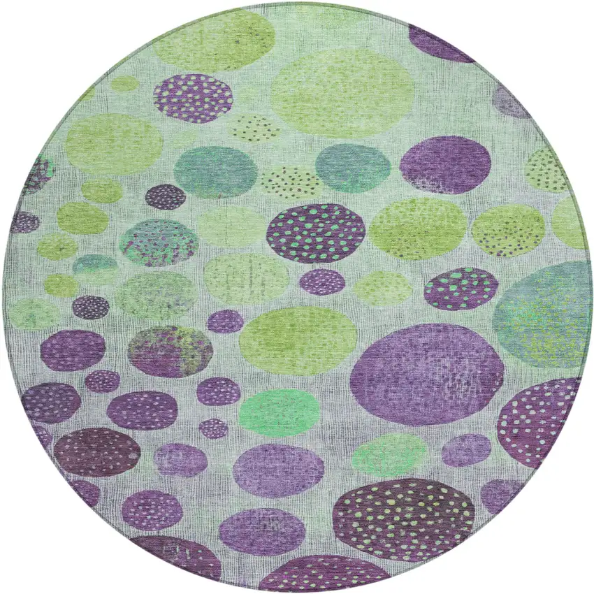 8' Purple And Lime Green Round Geometric Washable Indoor Outdoor Area Rug Photo 1