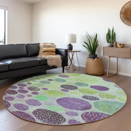 8' Purple And Lime Green Round Geometric Washable Indoor Outdoor Area Rug Photo 6