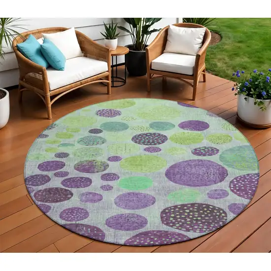 8' Purple And Lime Green Round Geometric Washable Indoor Outdoor Area Rug Photo 2