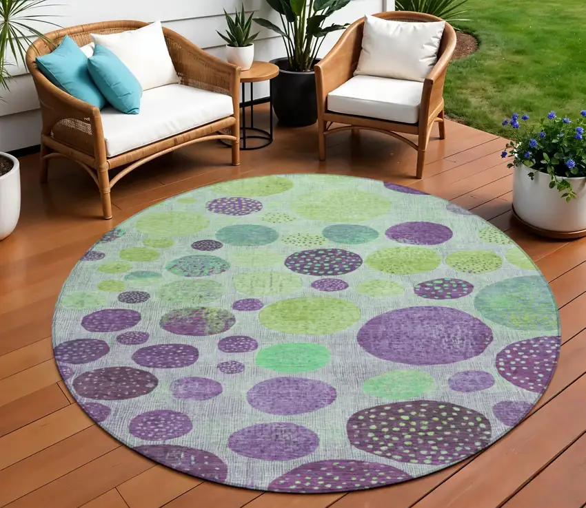 8' Purple And Lime Green Round Geometric Washable Indoor Outdoor Area Rug Photo 2