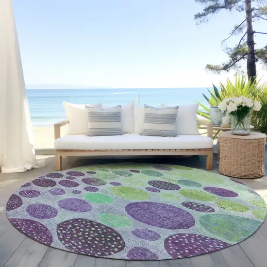 8' Purple And Lime Green Round Geometric Washable Indoor Outdoor Area Rug Photo 5