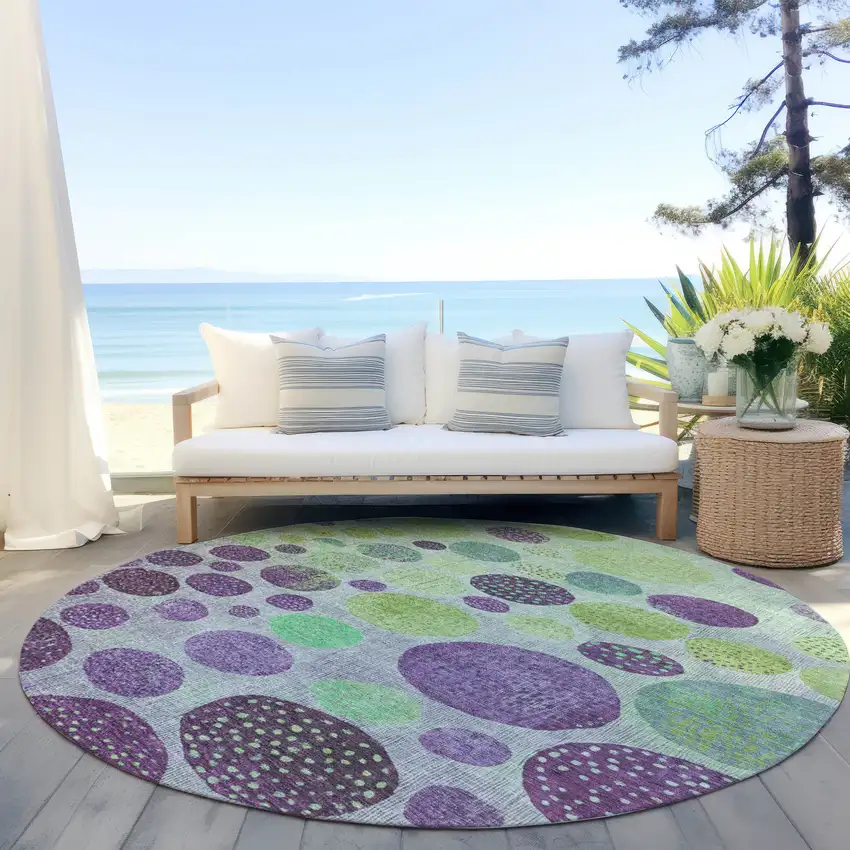8' Purple And Lime Green Round Geometric Washable Indoor Outdoor Area Rug Photo 5