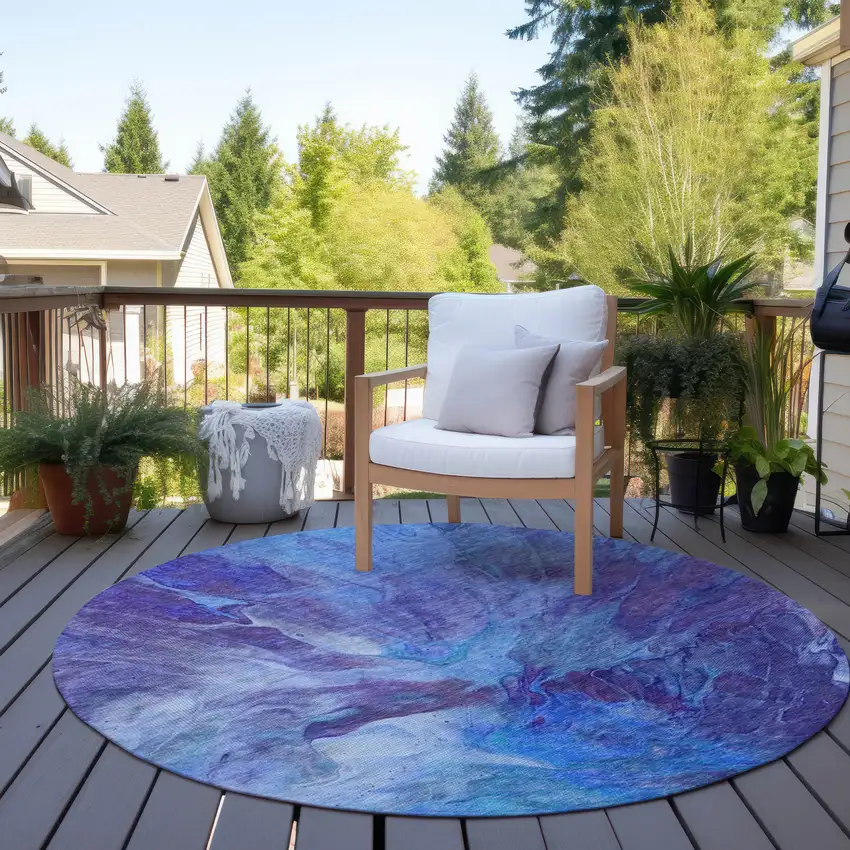 8' Purple And Navy Blue Round Abstract Washable Indoor Outdoor Area Rug Photo 7