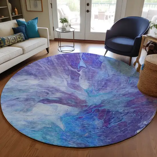 8' Purple And Navy Blue Round Abstract Washable Indoor Outdoor Area Rug Photo 8