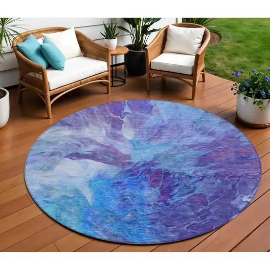 8' Purple And Navy Blue Round Abstract Washable Indoor Outdoor Area Rug Photo 1