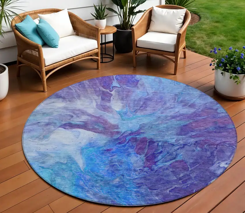 8' Purple And Navy Blue Round Abstract Washable Indoor Outdoor Area Rug Photo 1