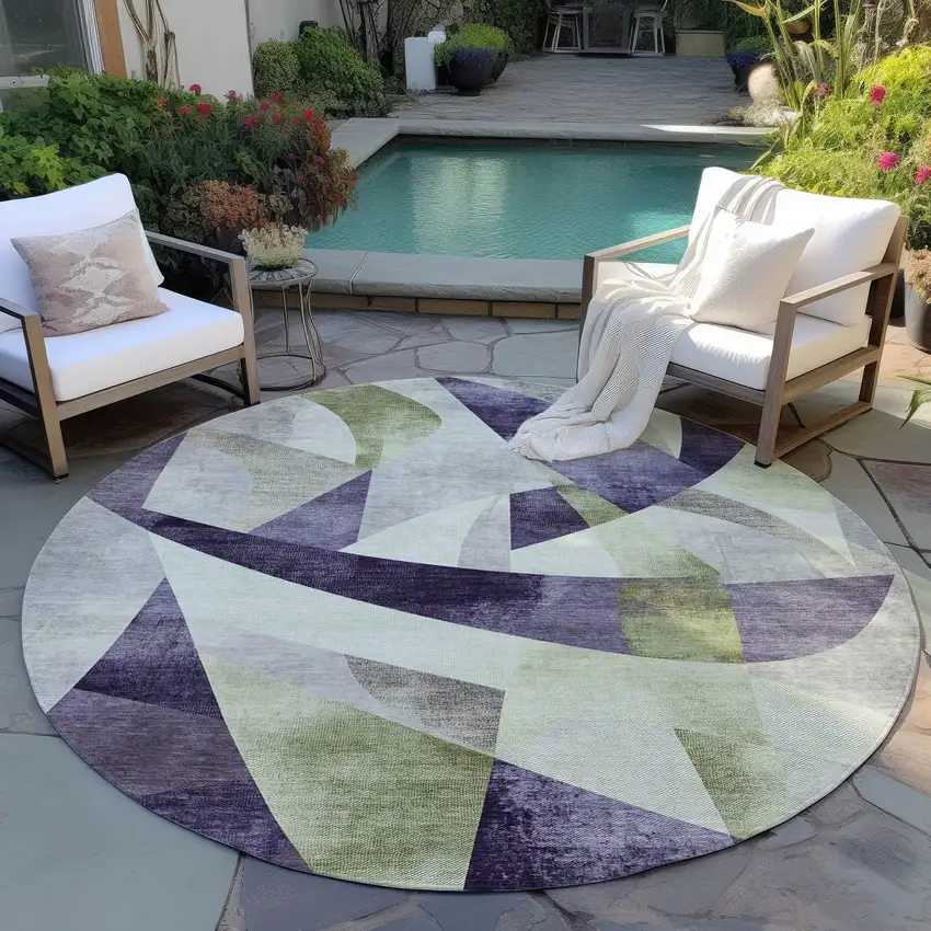 8' Purple And Olive Green Round Abstract Washable Indoor Outdoor Area Rug Photo 7
