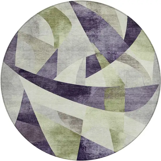 8' Purple And Olive Green Round Abstract Washable Indoor Outdoor Area Rug Photo 1