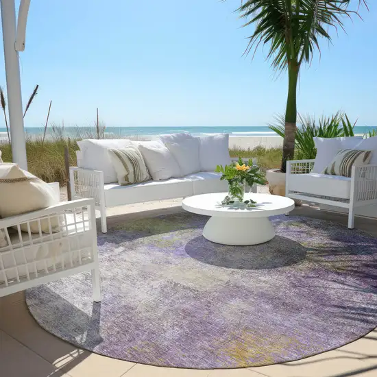 8' Purple And Olive Green Round Abstract Washable Indoor Outdoor Area Rug Photo 5