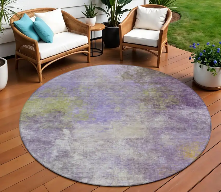 8' Purple And Olive Green Round Abstract Washable Indoor Outdoor Area Rug Photo 2