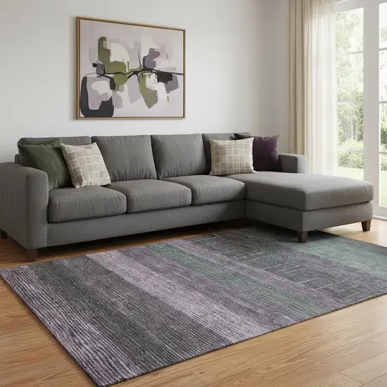 8' Purple And Olive Green Striped Washable Area Rug With UV Protection Photo 2