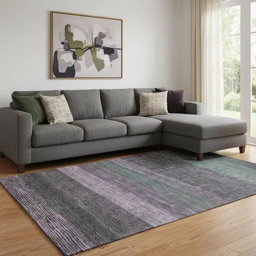 8' Purple And Olive Green Striped Washable Area Rug With UV Protection Photo 2