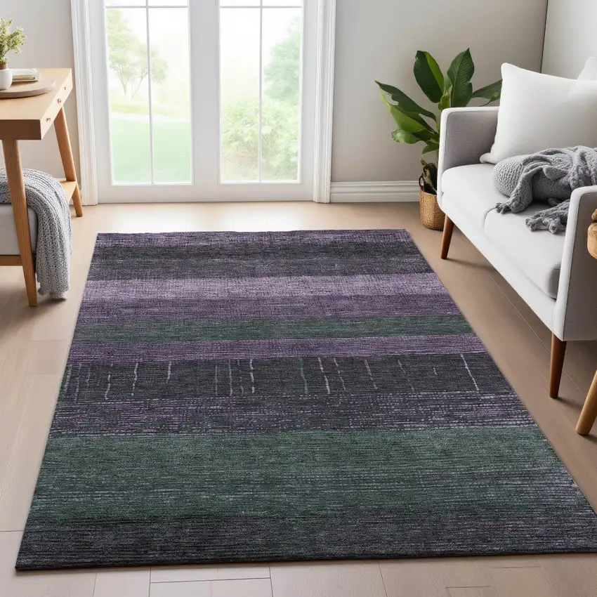 8' Purple And Olive Green Striped Washable Area Rug With UV Protection Photo 5