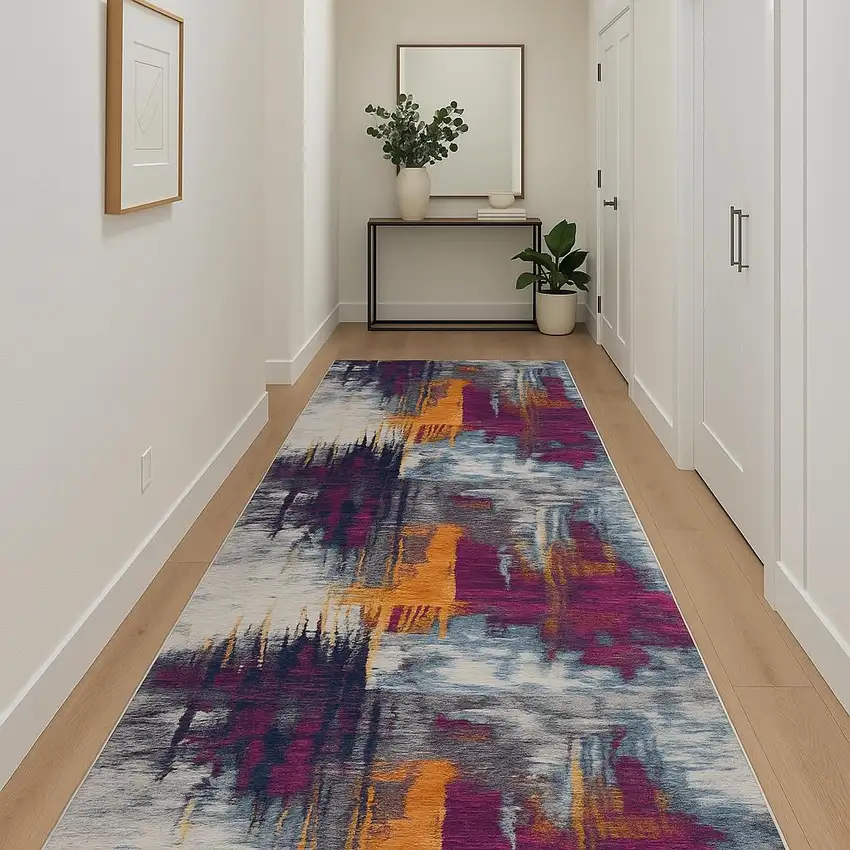 12' Purple And Orange Abstract Runner Rug Photo 1