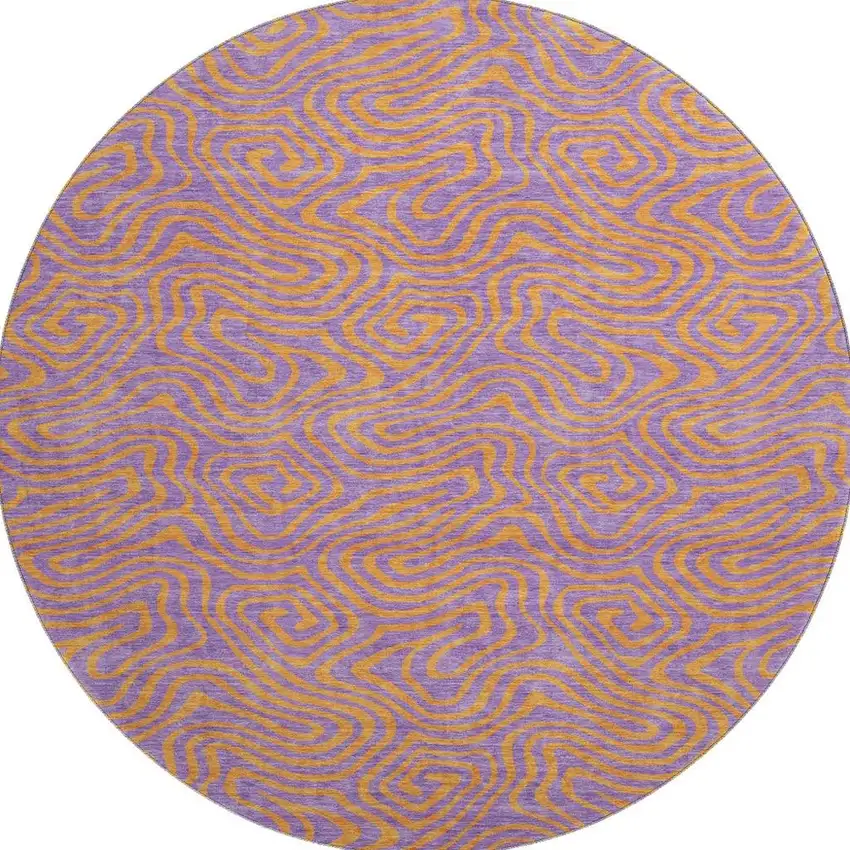 8' Purple And Orange Abstract Washable Round Rug With UV Protection Photo 2