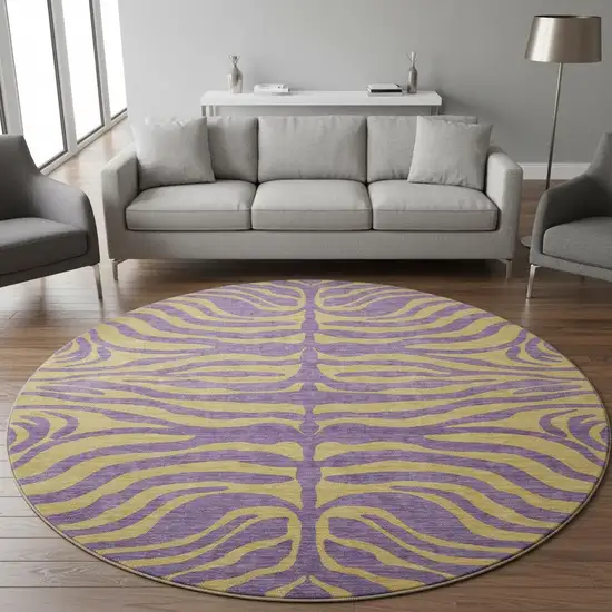8' Purple And Peach Animal Print Washable Round Rug With UV Protection Photo 2