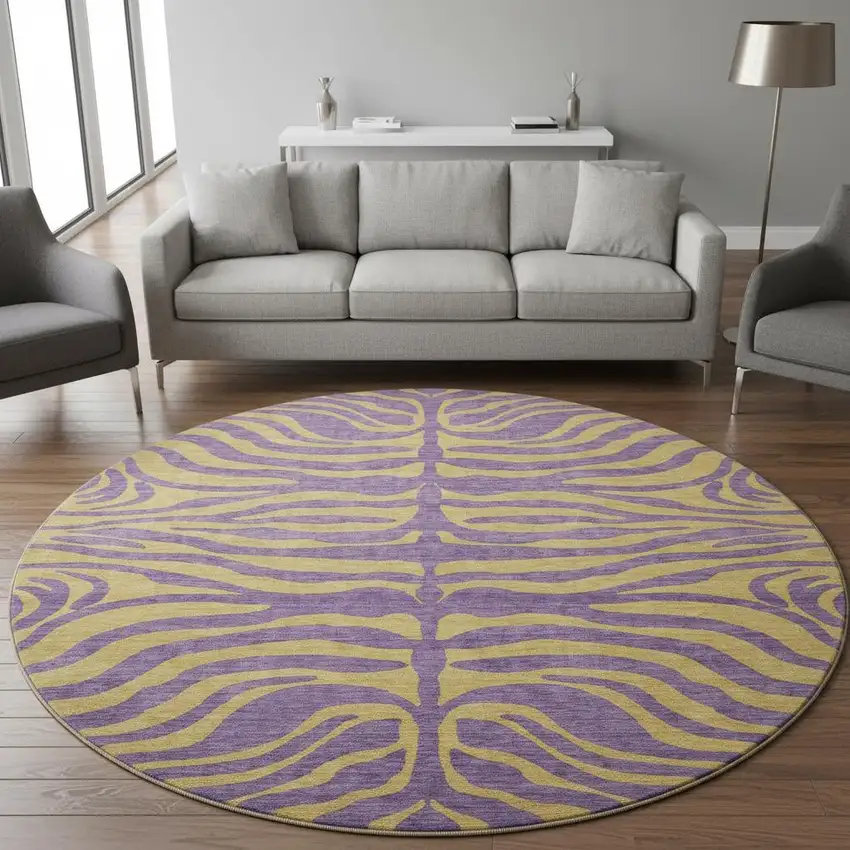8' Purple And Peach Animal Print Washable Round Rug With UV Protection Photo 2