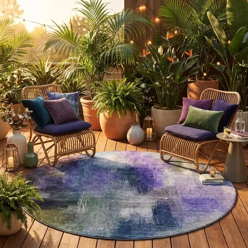 8' Purple And Pewter Round Abstract Washable Indoor Outdoor Area Rug Photo 1
