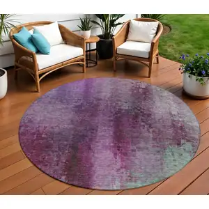 Photo of 8' Purple And Plum Round Abstract Washable Indoor Outdoor Area Rug
