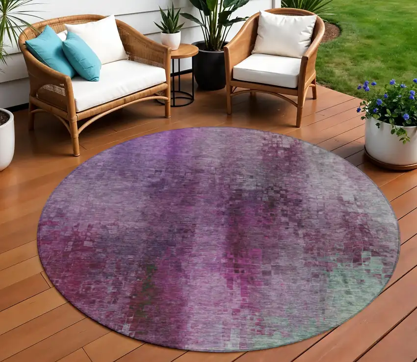 8' Purple And Plum Round Abstract Washable Indoor Outdoor Area Rug Photo 1