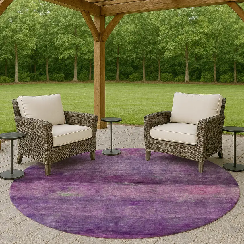 8' Purple And Plum Round Abstract Washable Indoor Outdoor Area Rug Photo 8