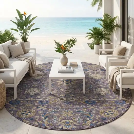 8' Purple And Plum Round Floral Medallion Washable Indoor Outdoor Area Rug Photo 1