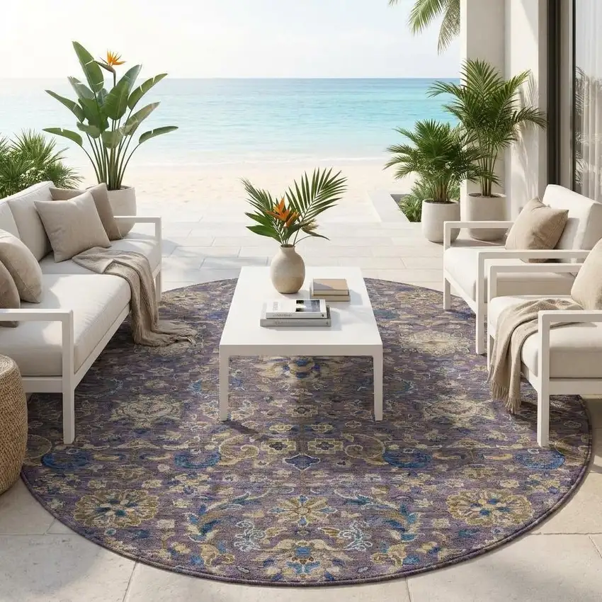 8' Purple And Plum Round Floral Medallion Washable Indoor Outdoor Area Rug Photo 1